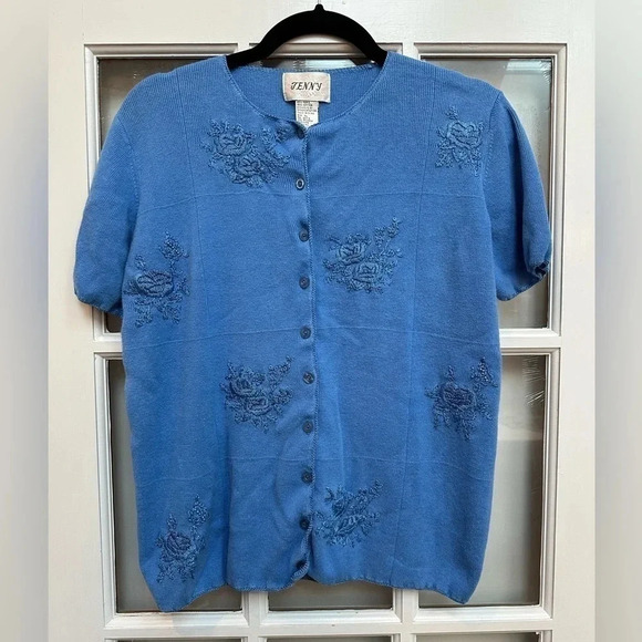 Vintage Jenny Floral Embroidery Beaded Blue Button Down Cardigan Sweater Size XL - Picture 9 of 9